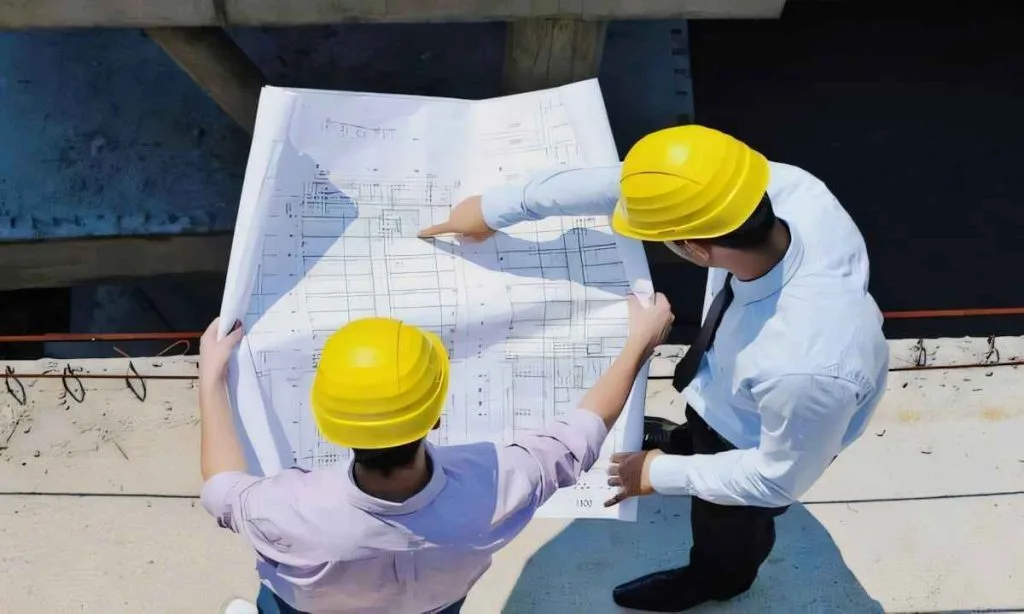 Mühendislerin, anahtar teslim fabrika projesi için masadaki mimari ve statik planlar üzerinde çalıştığı an.