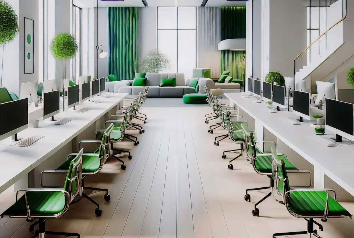 Tamamlanan endüstriyel ofis tasarımı projesi sonrası, aydınlık, ferah ve modern açık ofis konseptinin genel görünümü